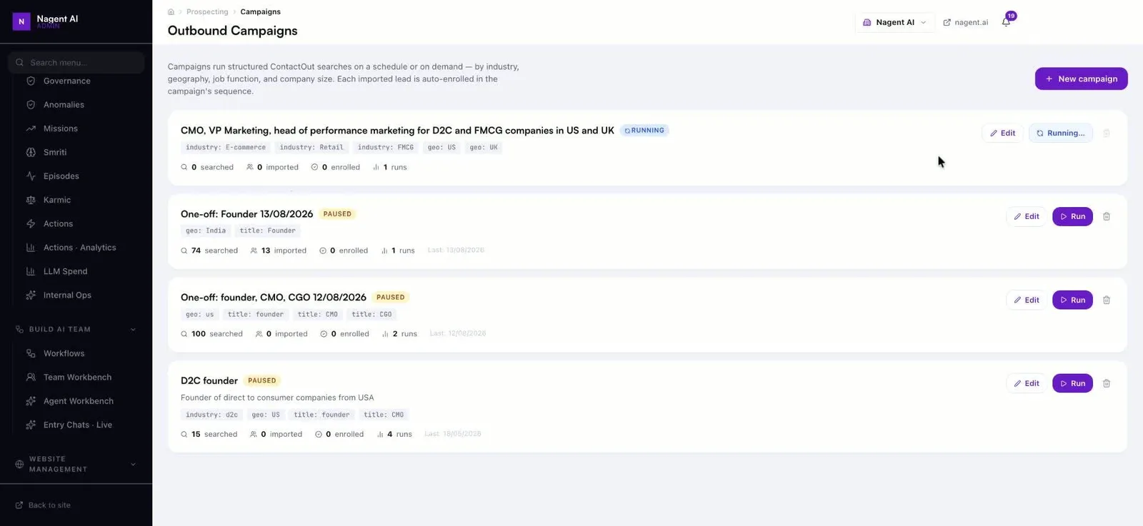 Campaign page listing active and past campaign runs