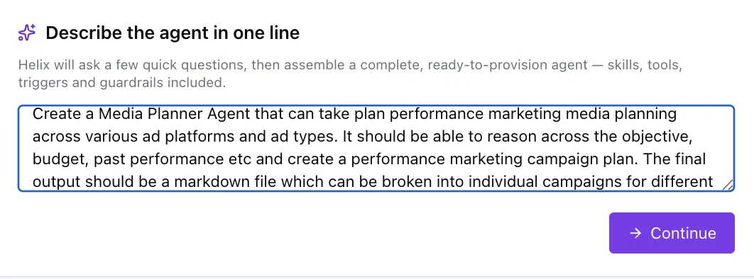 Describe the agent in one line panel with a media planner brief typed in