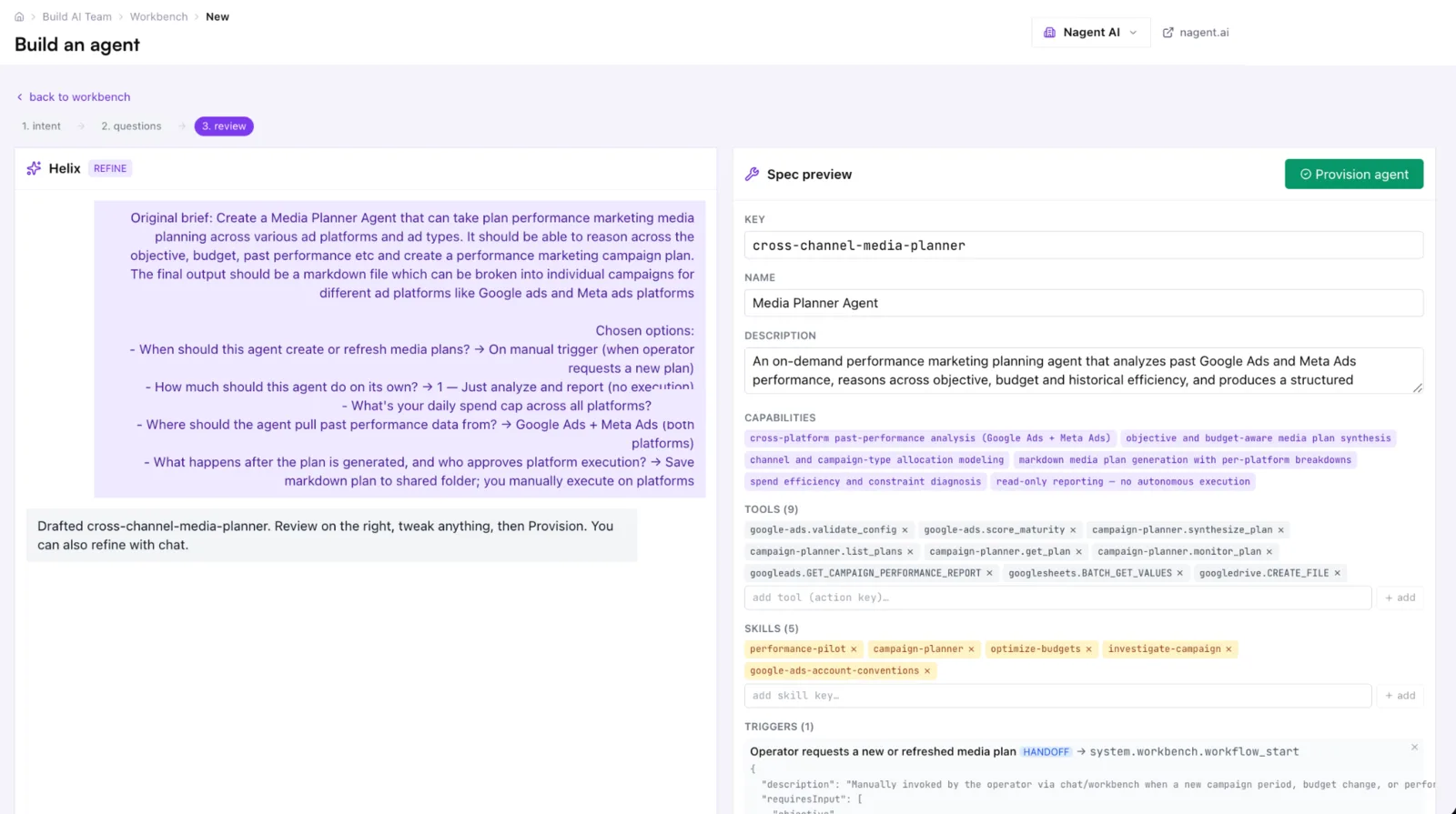 Review step showing Helix chat beside the spec preview panel