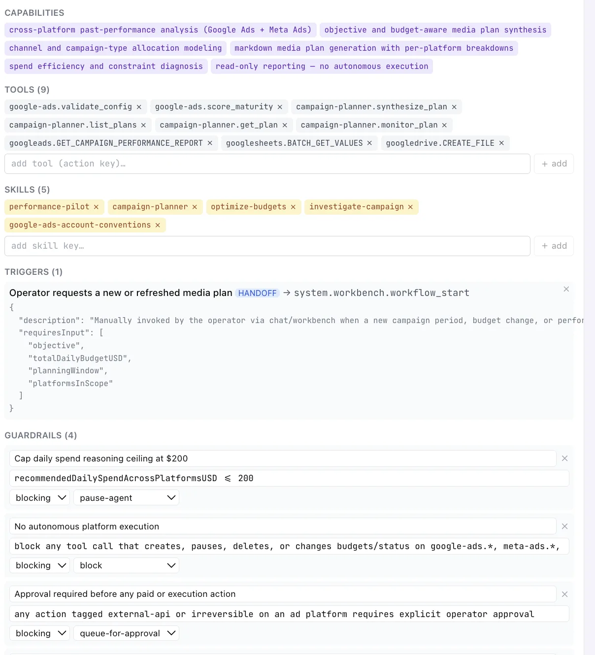Spec preview listing capabilities, tools, skills, triggers and guardrails