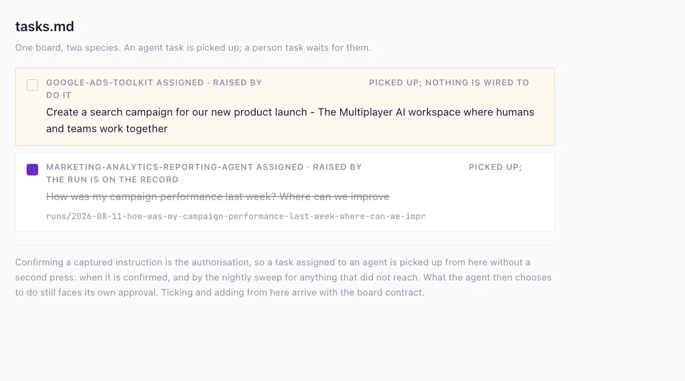 Task board with agent and human assignees and completed items struck through