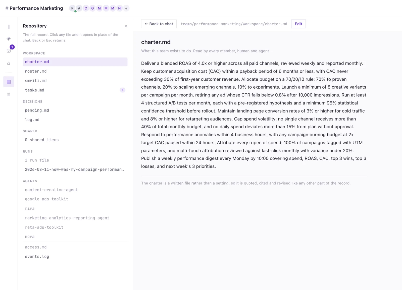 Charter file listing targets, guardrails and reporting cadence