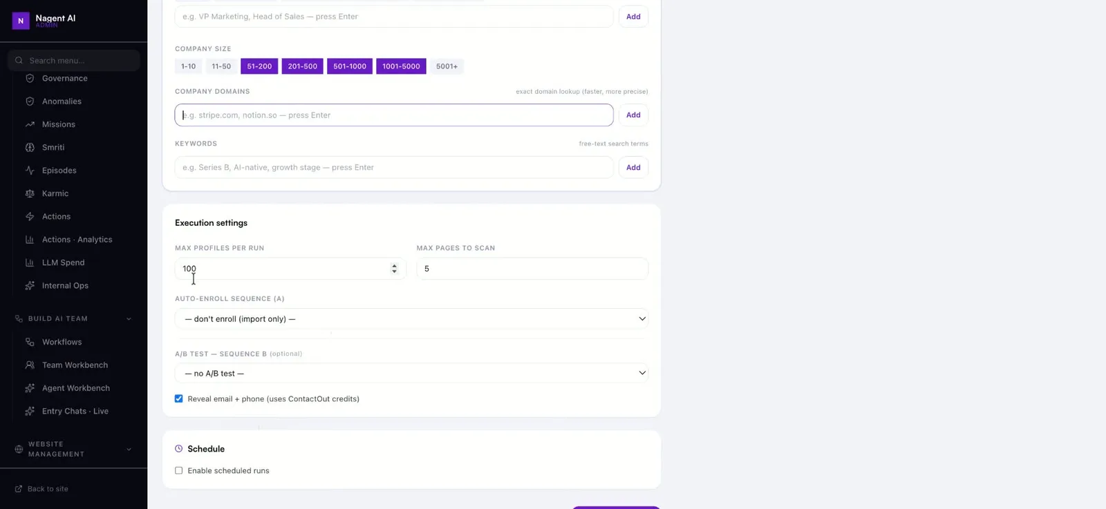 Execution rules and daily schedule settings for a campaign