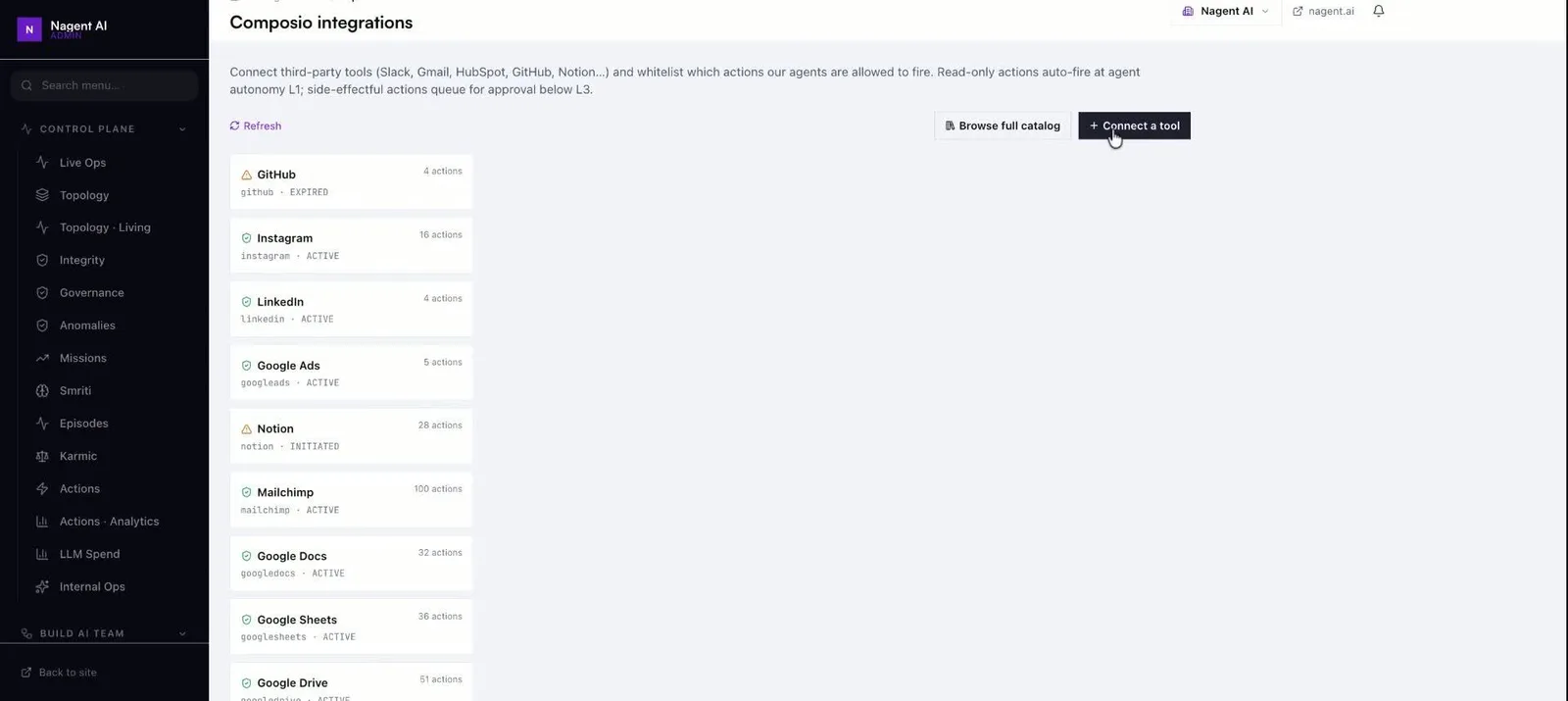 Cursor hovering the Connect a tool button above the integrations list