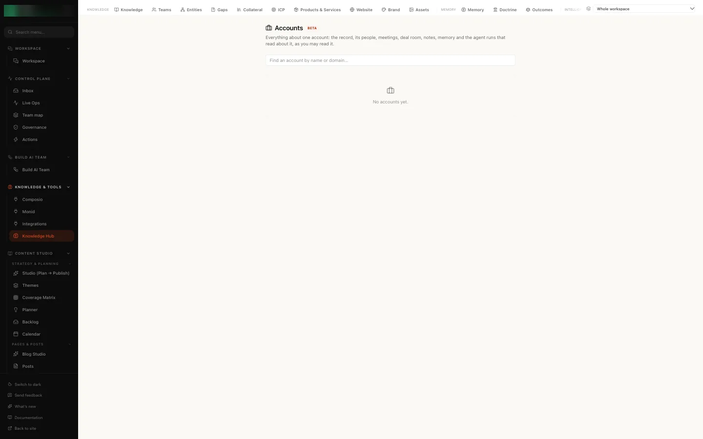 Accounts (Beta), with the search by name or domain, in a workspace with no accounts yet