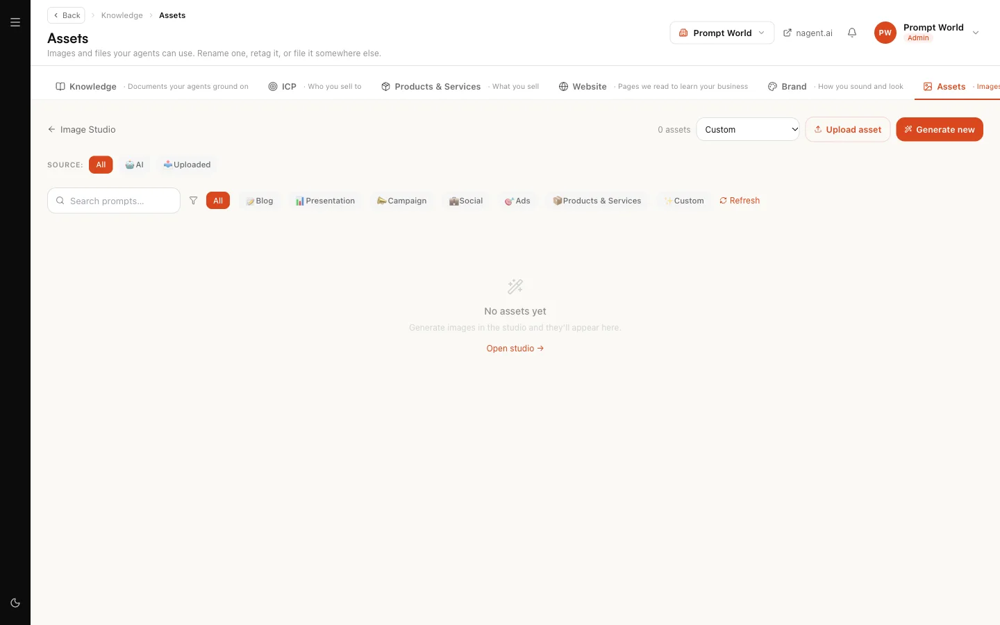 Assets, with the source filter, the purpose filters, and the Upload and Generate new buttons