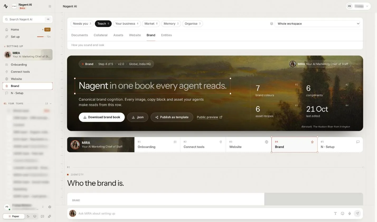 The Brand page under Teach in the Knowledge Hub: the brand book hero, with the brand's colour, component and asset recipe counts