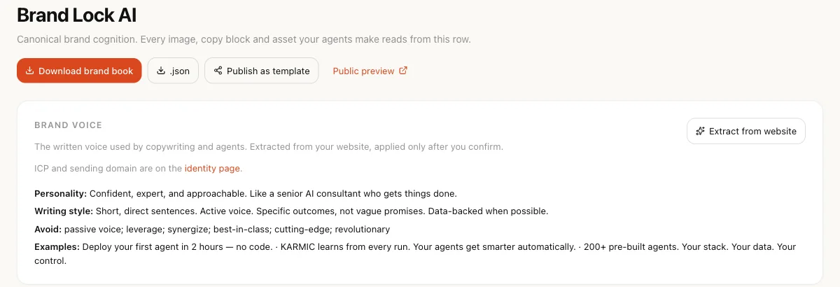 The Brand Lock AI screen with a confirmed brand voice: personality, writing style, what to avoid and examples, with Extract from website