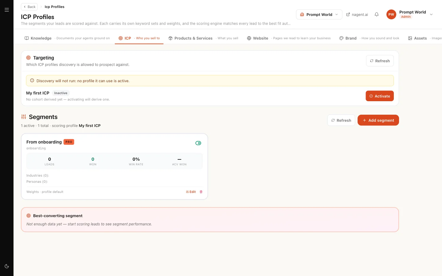 ICP Profiles in the Knowledge Hub: the targeting profile with its Activate button, and a scoring segment with its leads, wins, win rate and weights