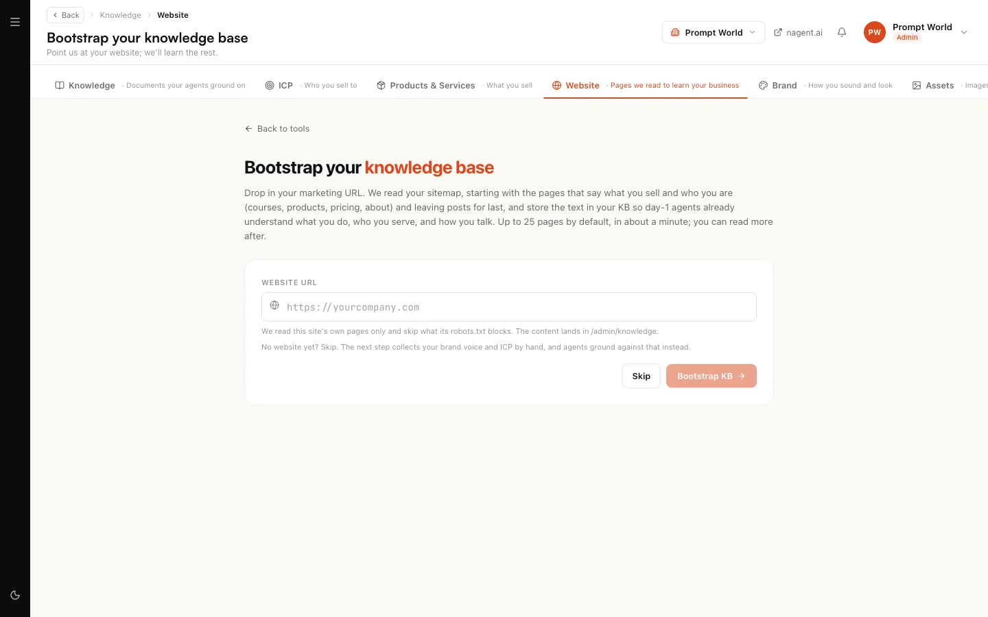 Bootstrap your knowledge base: one website address, and the Knowledge Hub reads the site's pages so that agents start from what the company says about itself