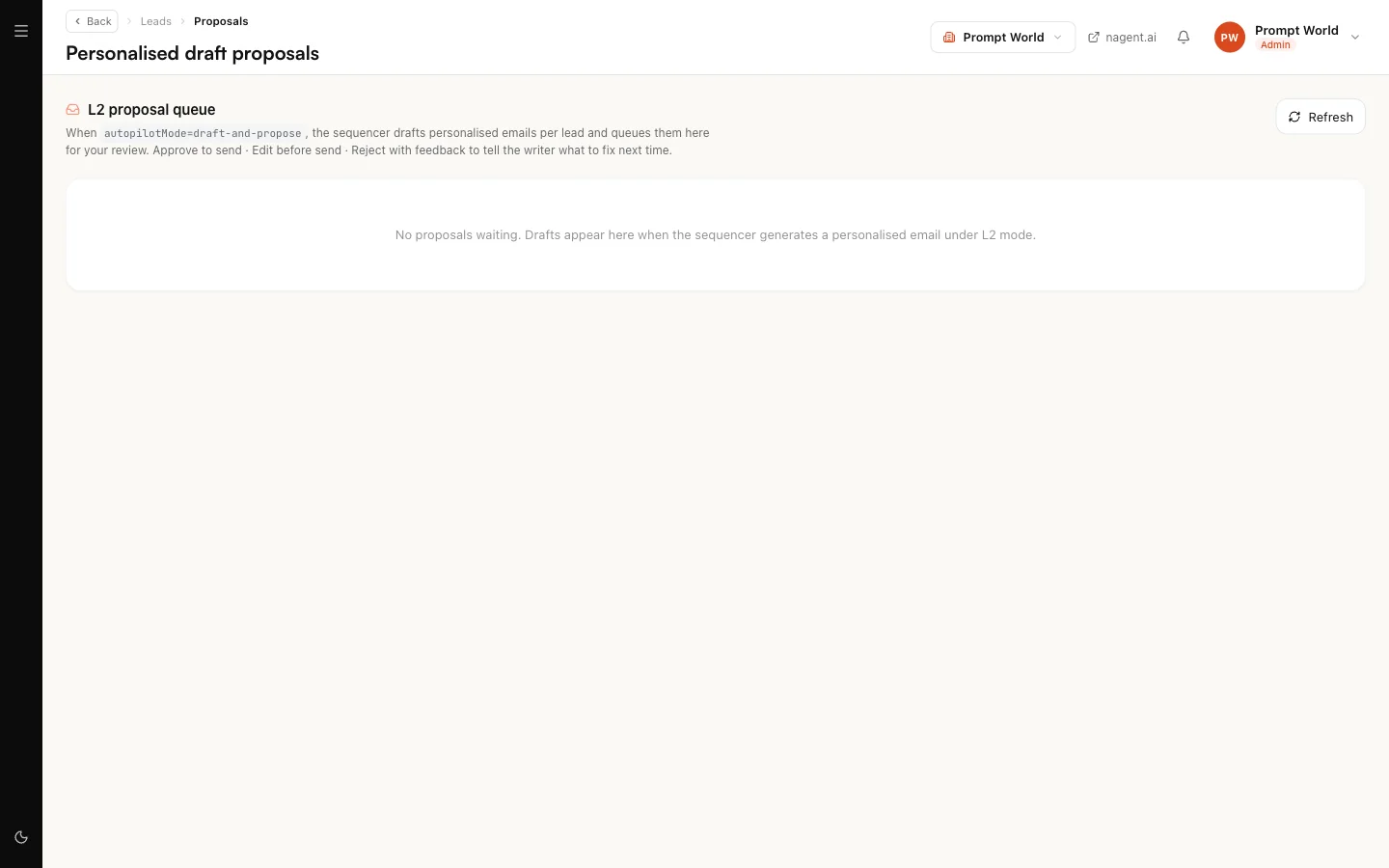 Personalised draft proposals: the queue where the sequencer's personalised emails wait for review, with Approve to send, Edit before send and Reject with feedback