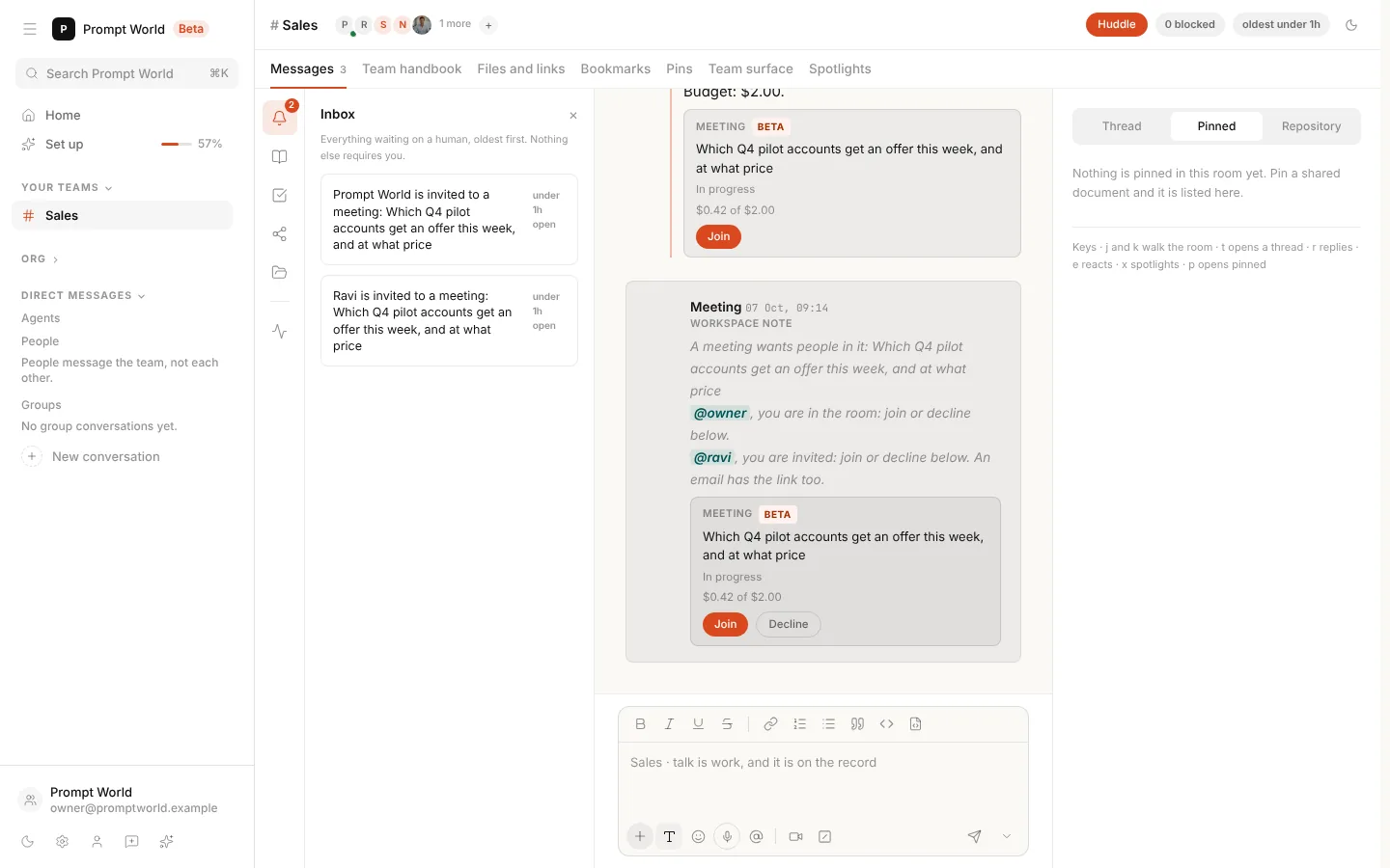 The room's Inbox naming two people a meeting is waiting on, and the thread's note inviting them, with Join and Decline on its card