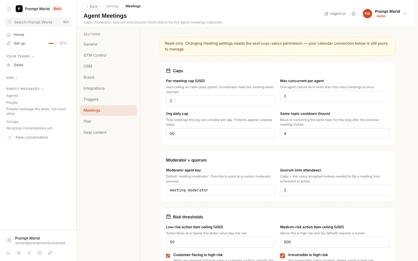Settings, Meetings, as a workspace admin sees it: the read-only notice that changing meeting settings needs the meetings admin permission, then the Caps section with the per-meeting cap, the most meetings one agent may be in at once, the daily cap and the same-topic cooldown