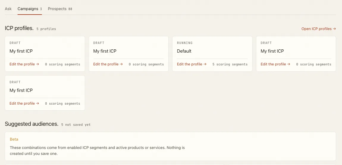 Prospects on Campaigns: the ICP profiles with their scoring segments, and the Suggested audiences section marked Beta