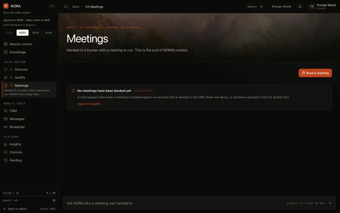 NORA's Meetings screen with the Book a meeting button and the note that no meetings have been booked yet