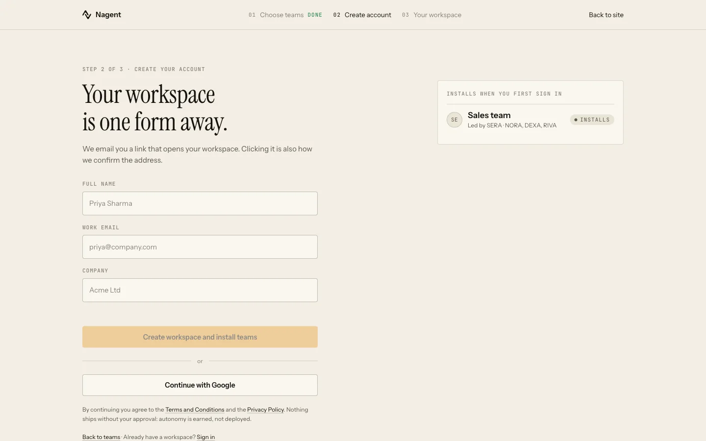 Sign-up step 02: the account form, and the list of teams that activate when you first sign in