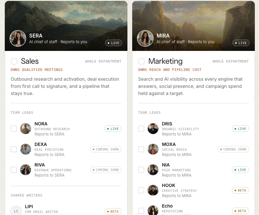 Choosing teams at sign-up: the Sales and Marketing cards, each with its AI chief of staff and team leads tagged Live, Coming soon or Beta