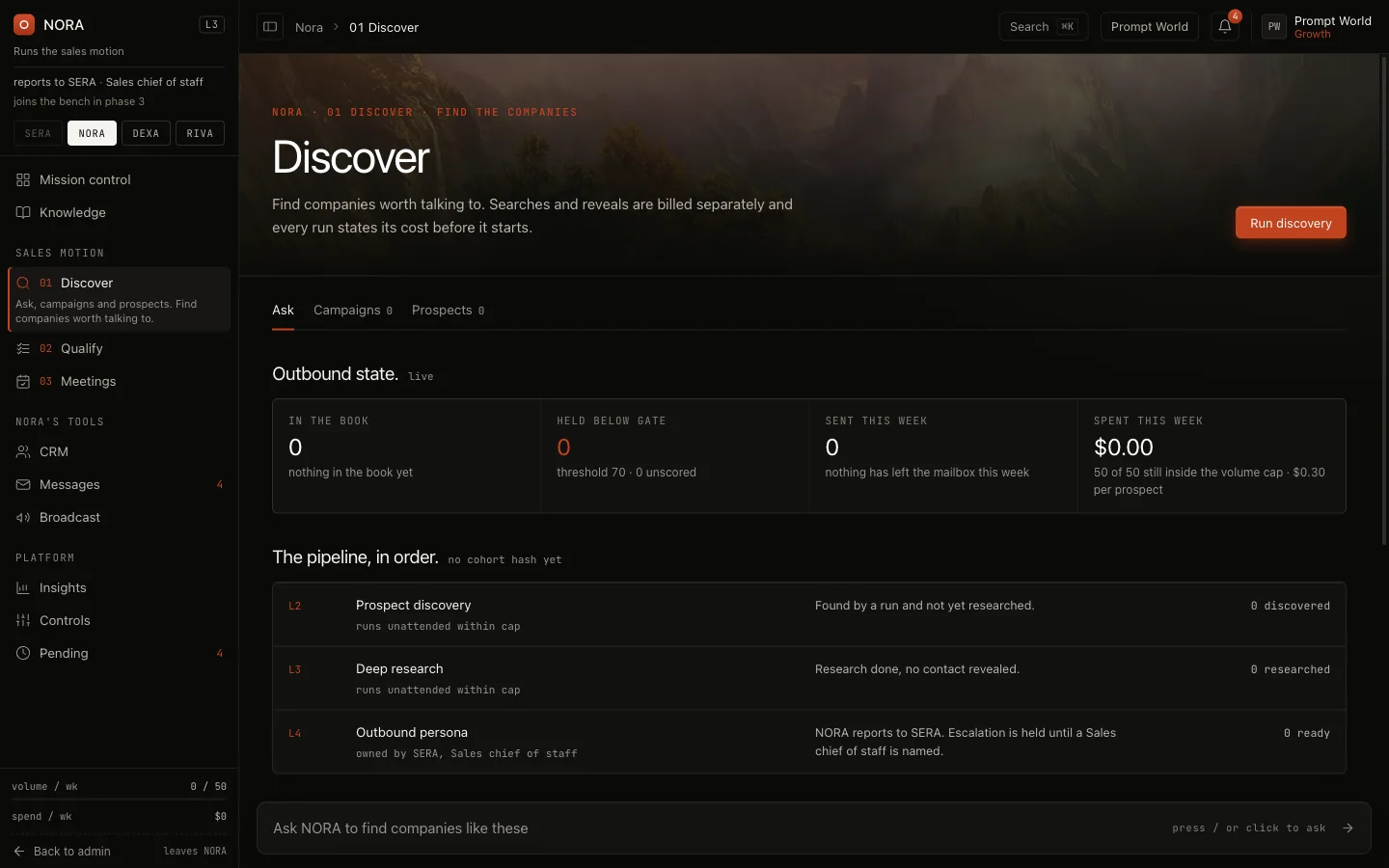 Find with NORA: the outbound state, the pipeline in order, and the Run discovery button