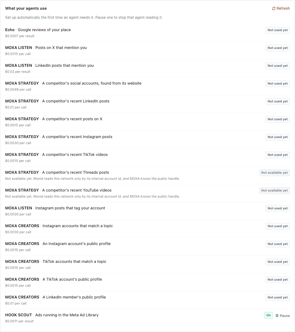 What your agents use on the Monid page: the endpoints your agents read, each marked Not used yet, Not available yet or On with Pause