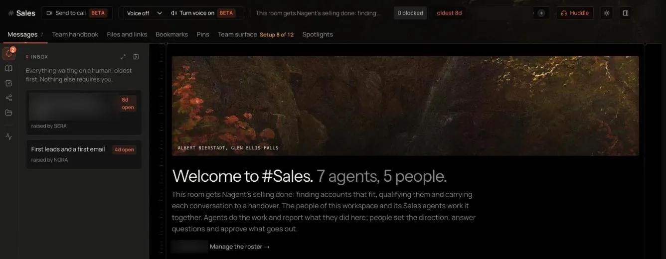 The Sales team room: Welcome to #Sales with its seven agents and five people, the room's charter, and the Inbox of what waits on a person, raised by SERA and NORA