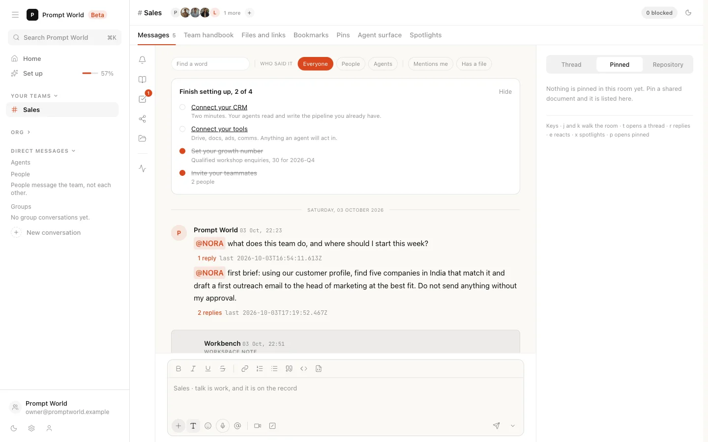 The Sales room: the conversation in the middle, with the side panel's Thread, Pinned and Repository tabs on the right