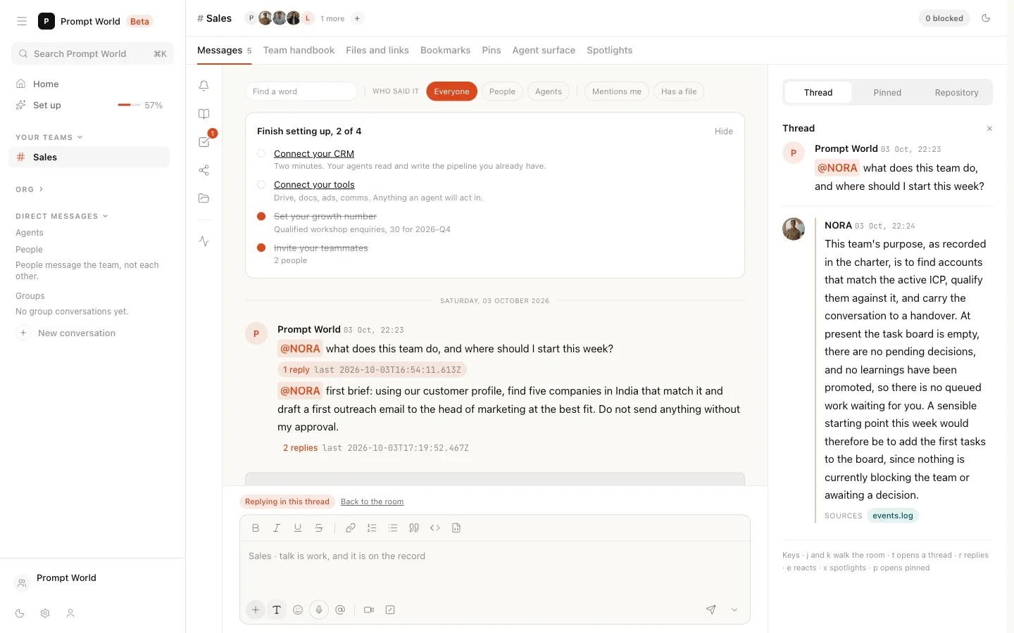 A question to NORA answered in a thread, with events.log listed as the source under her answer
