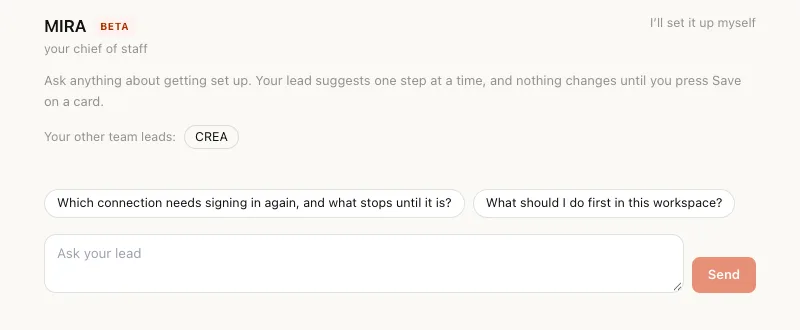 Set up with your team: MIRA, your chief of staff, marked Beta, with CREA as another team lead, two suggested questions and the Ask your lead box