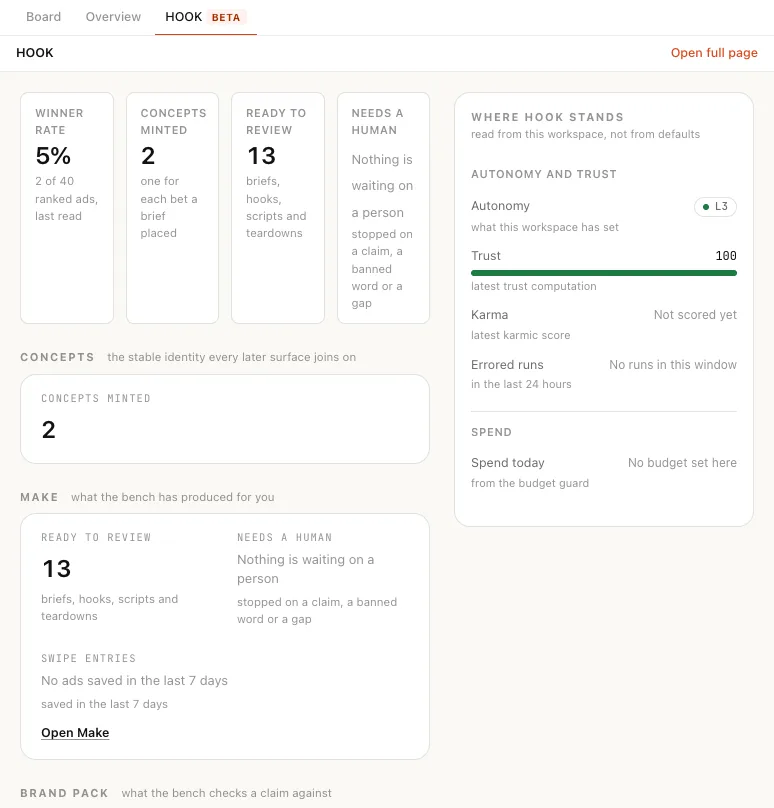 HOOK's own page open inside the HOOK team room, with its winner rate, concepts minted, what is ready to review, and where HOOK stands on autonomy, trust and spend