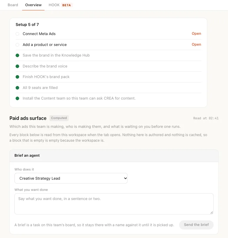 A team lead's Overview tab: the setup checklist, then Brief an agent, with who does it, what you want done and a Send the brief button, noting that a brief is a task on the team's board