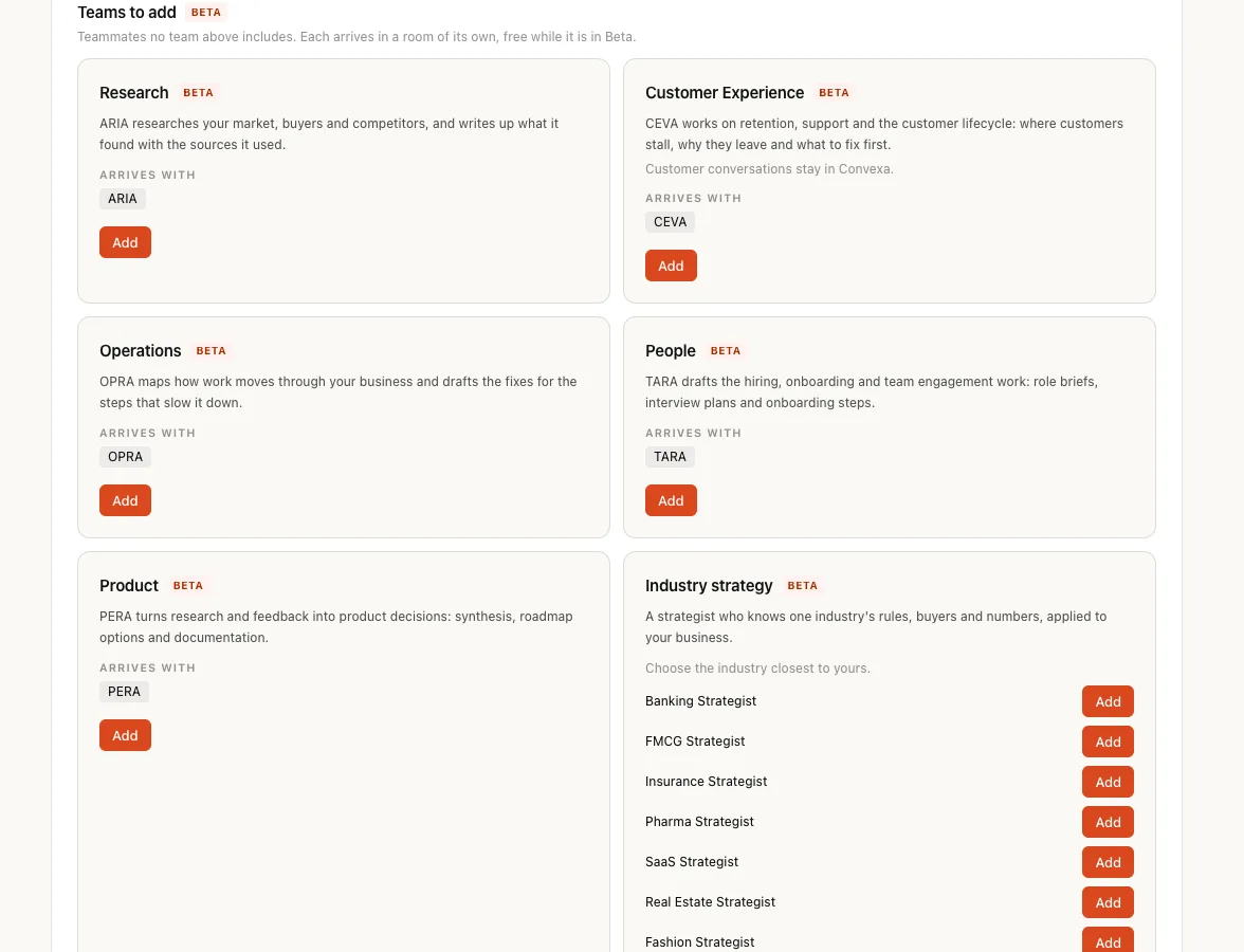 Teams to add, in Beta: Research with ARIA, Customer Experience with CEVA and the note that customer conversations stay in Convexa, Operations, People, Product and the industry strategists