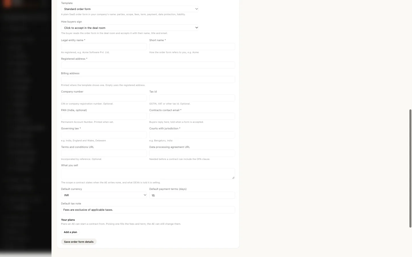 The Order form section of Sales settings: Template, How buyers sign, your company's details with PAN, the defaults, Your plans with Add a plan, and Save order form details