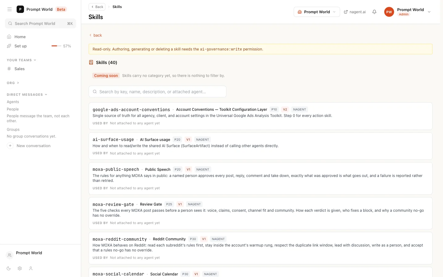 Skills, with the read-only banner, the search box and the skills list, each skill showing its priority, version, the Nagent tag and Used by