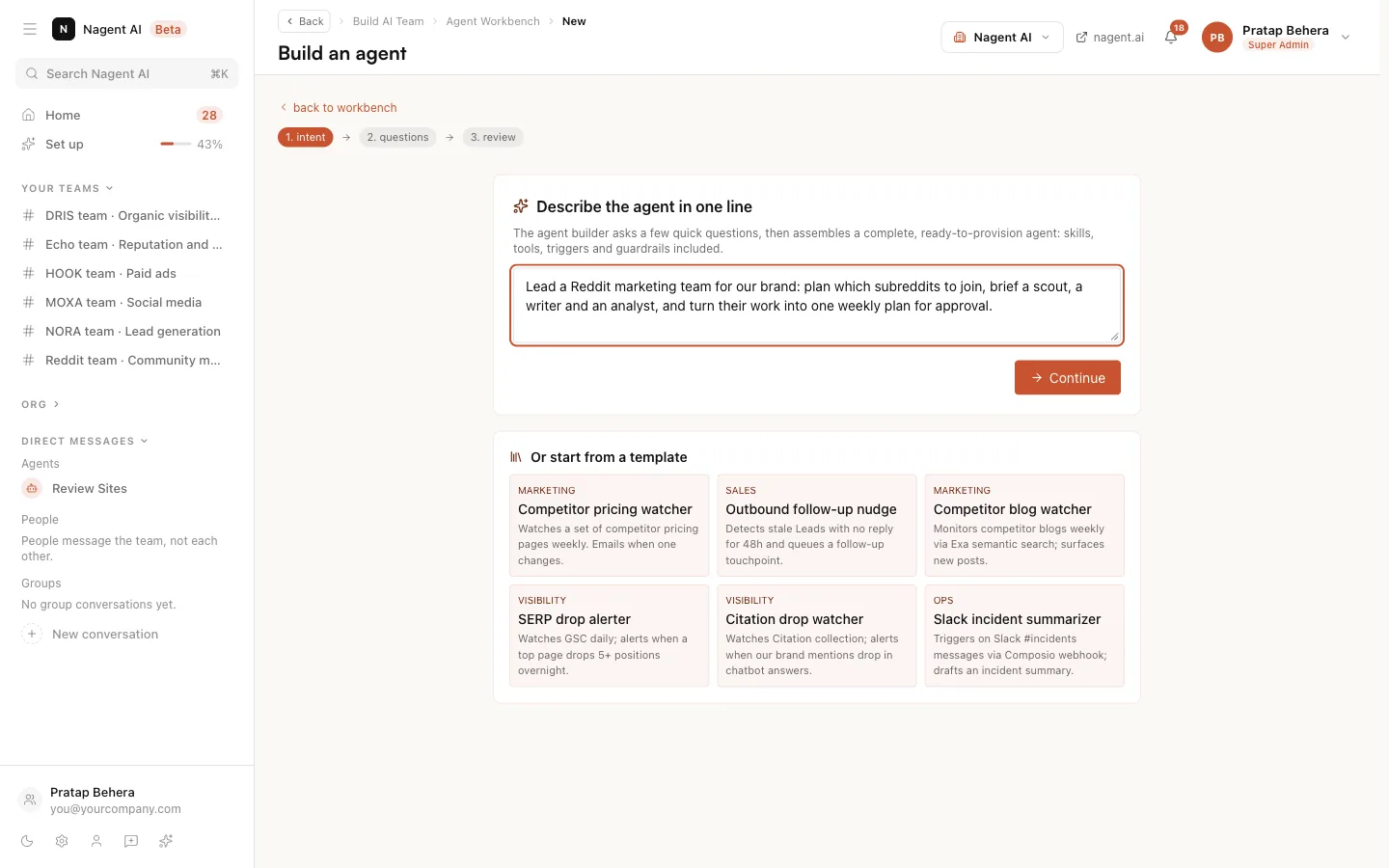 The agent builder's first step, with the job described in one line above the Continue button