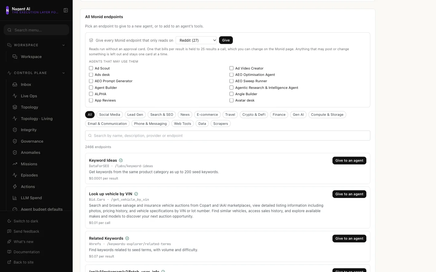 The Monid page with Reddit picked in the give every read endpoint panel, above the list of agents