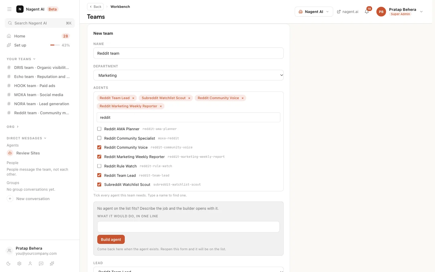 The New team form with the name, department and the four Reddit agents ticked
