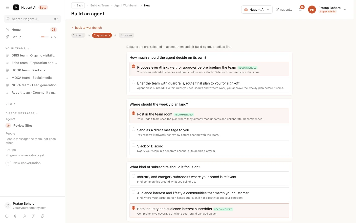 The builder's questions, each with a recommended answer already picked
