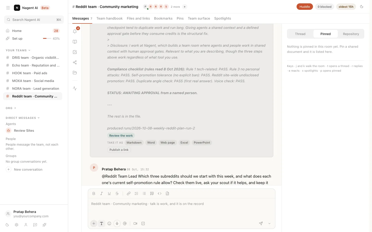 The Reddit team's room, with the weekly plan posted by the team lead and a Review the work chip under it