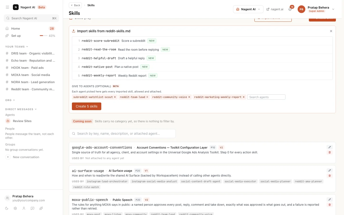 The import preview listing five new Reddit skills, with four Reddit agents picked under Give to agents