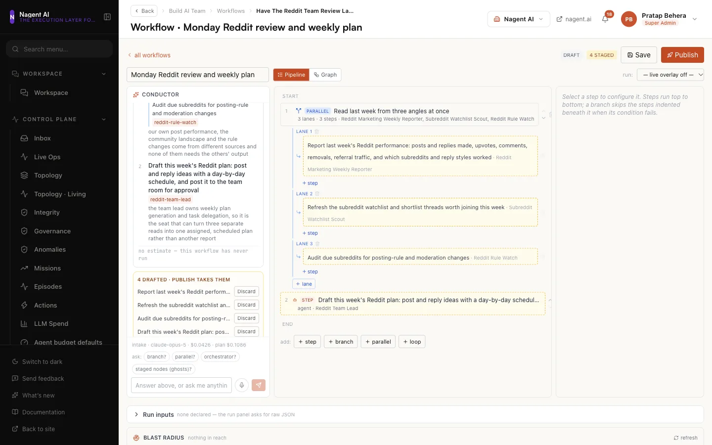 A drafted workflow: three agents read last week in parallel, then the team lead drafts the plan