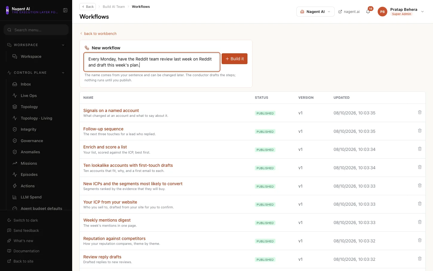 The New workflow box with the weekly Reddit sentence typed in