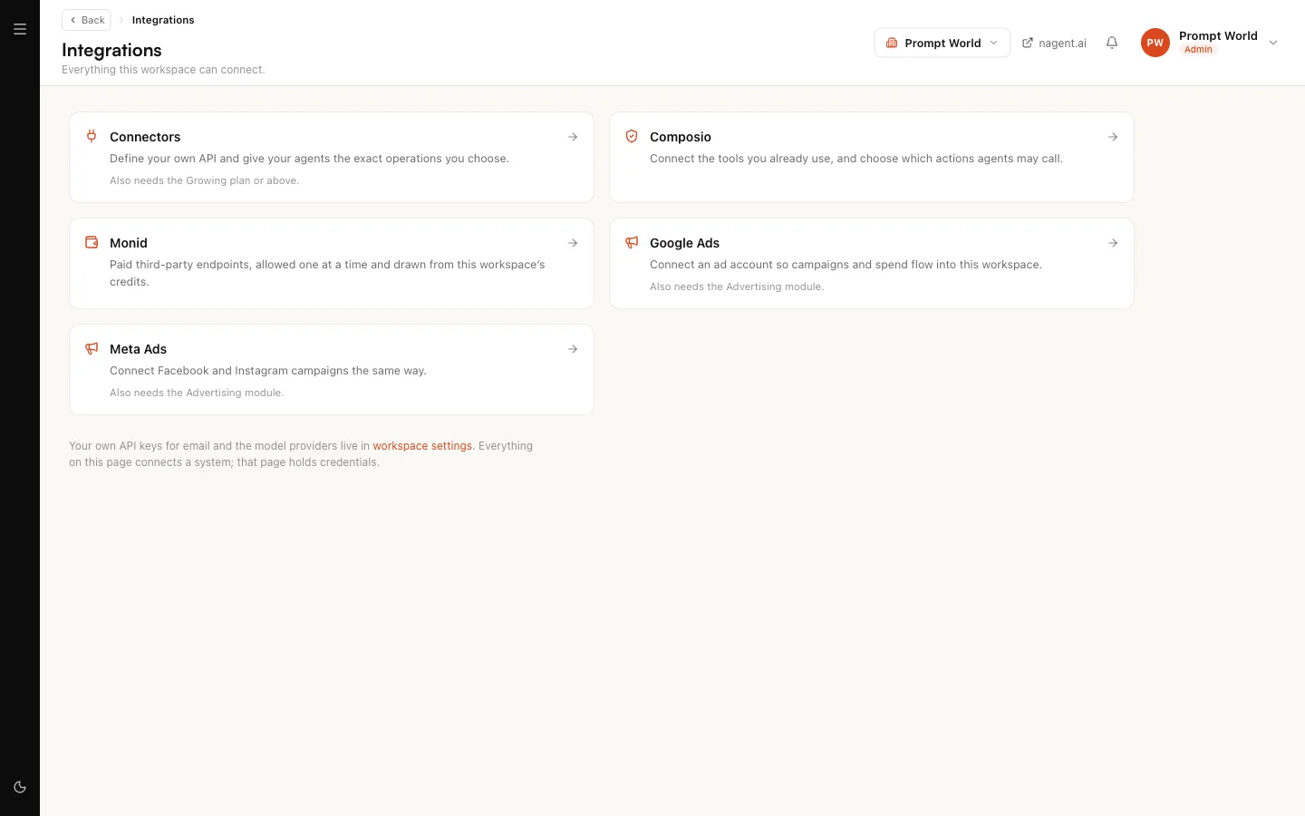 Integrations in a Nagent workspace: Connectors for your own API, Composio for the tools a team already uses with the actions agents may call, Monid for paid third-party endpoints, and Google Ads and Meta Ads