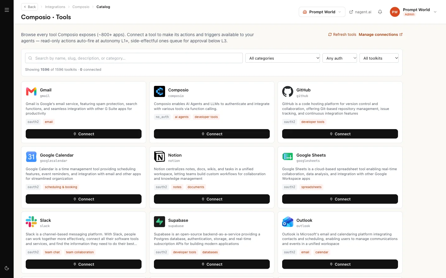 Composio Tools, listing Gmail, GitHub, Google Calendar, Notion, Slack and others, each with Connect