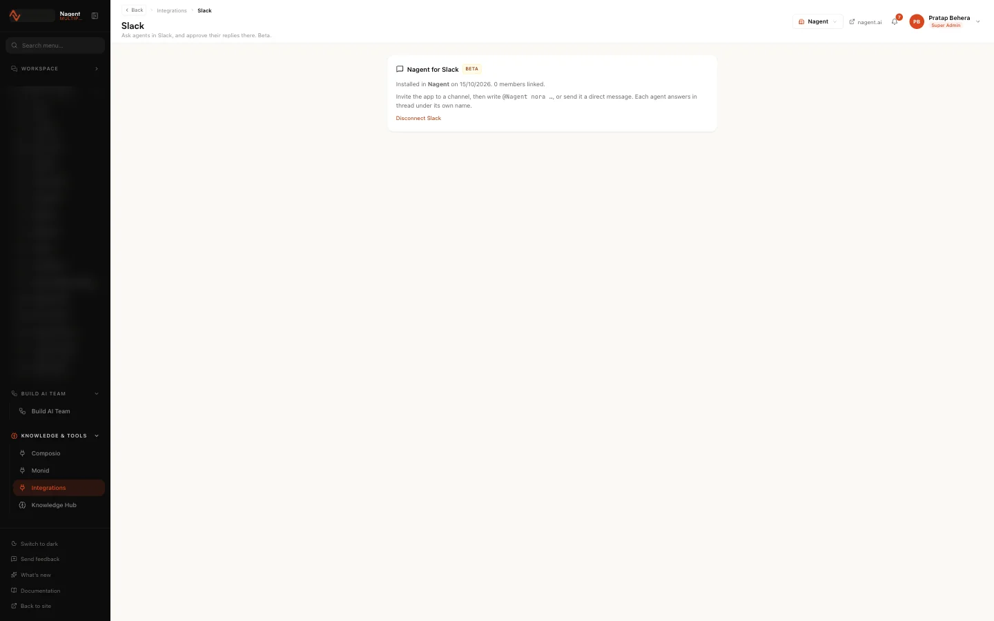 Nagent for Slack, Beta, installed: the Slack workspace it is in and the date, how many members are linked, how to ask an agent, and Disconnect Slack