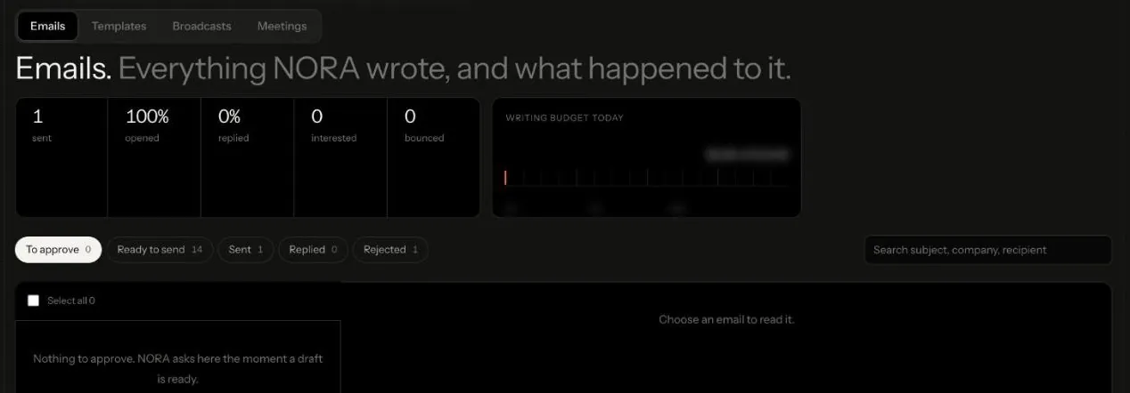 NORA's Outreach tab on Emails: everything NORA wrote and what happened to it, with the To approve, Ready to send, Sent, Replied and Rejected filters and nothing to approve