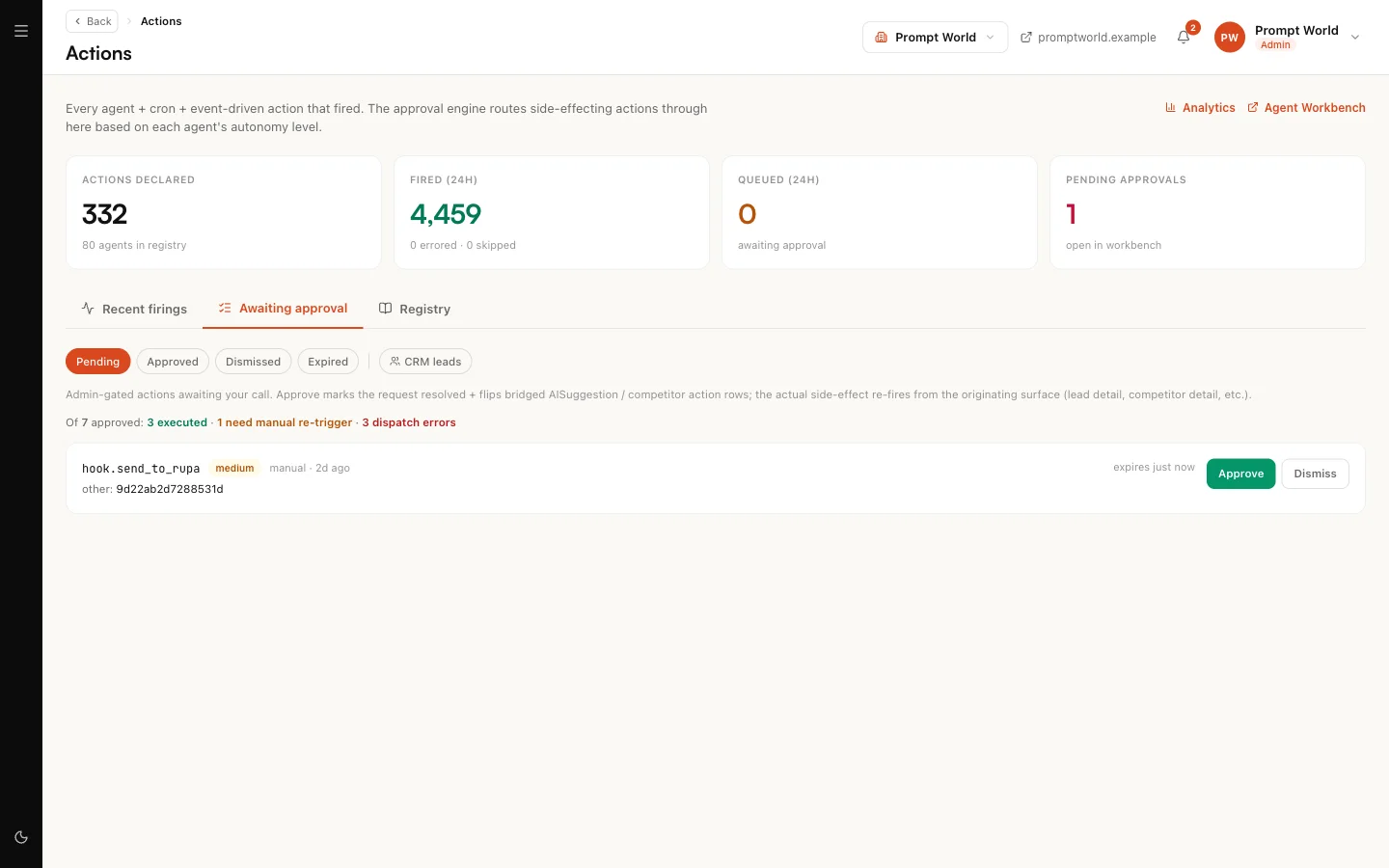 Actions, on the Awaiting approval tab: one held hand-off from HOOK to RUPA with its risk level and expiry, and the Approve and Dismiss buttons
