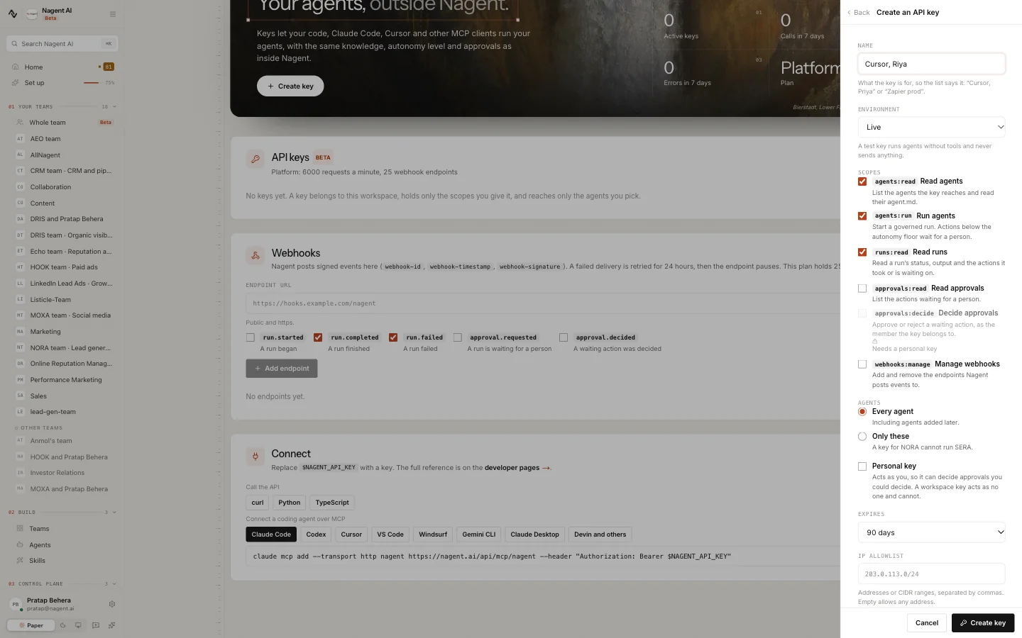 Create an API key: Name, Environment Live, the scopes with Read agents, Run agents and Read runs ticked and Decide approvals needing a personal key, Every agent or Only these, Personal key, Expires 90 days and IP allowlist