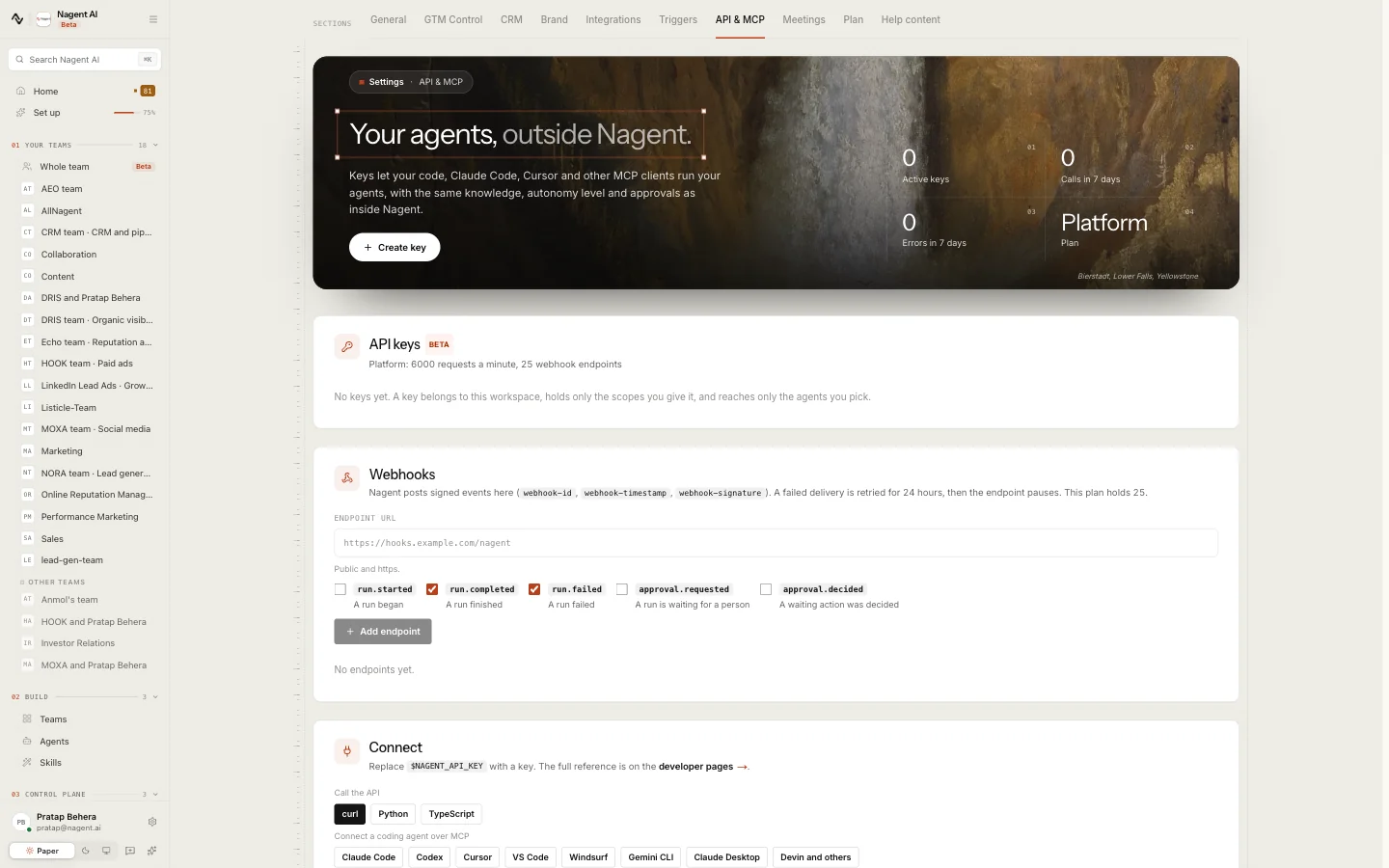 Settings, API & MCP: the counts of active keys, calls and errors and the plan, Create key, the API keys card with the plan's request limit, and the Webhooks card with its endpoint URL and five events