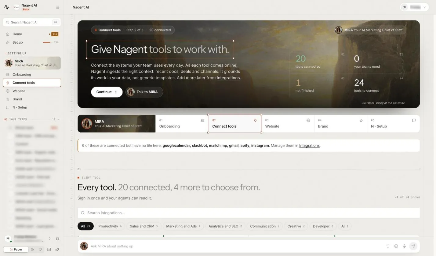 Connect tools, step 2 of 5 of set-up: Give Nagent tools to work with, with the counts of tools connected and still to connect, then the search box and category filters above the grid of tools