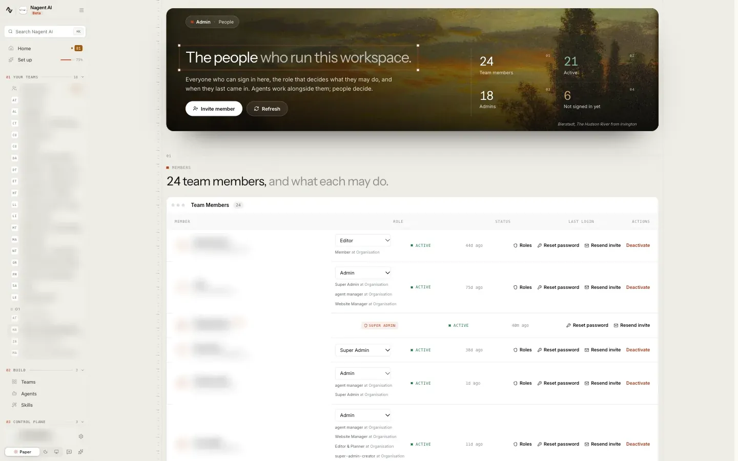 Team Members, listing the workspace's people with their role, the roles they hold, and their status, and Invite member at the top